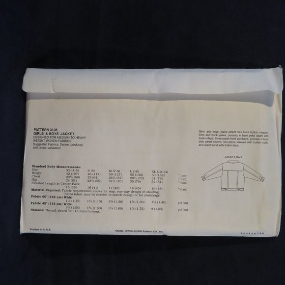 KWIK-SEW 3136 Child's JEAN Jacket Sizes XS-XL UNCUT (#944) - Picture 2 of 2